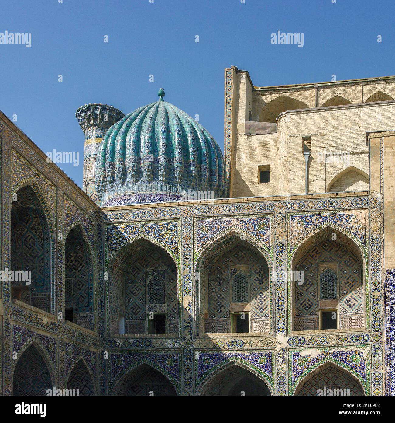 Beautiful mosaic decoration in courtyard of Ulugh Beg madrassa on Registan square in UNESCO listed Samarkand, Uzbekistan Stock Photo