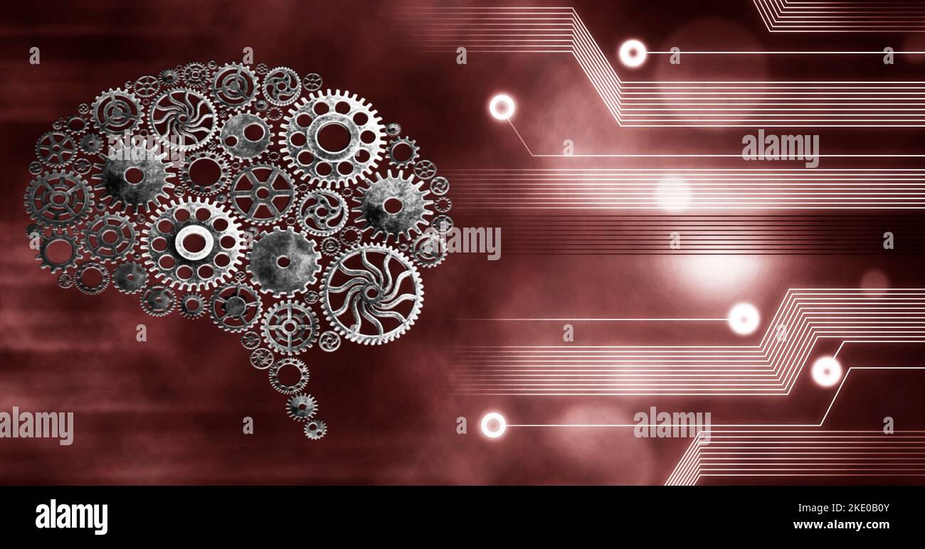 A 3D rendering of futuristic gears wheel forming a brain on red ...