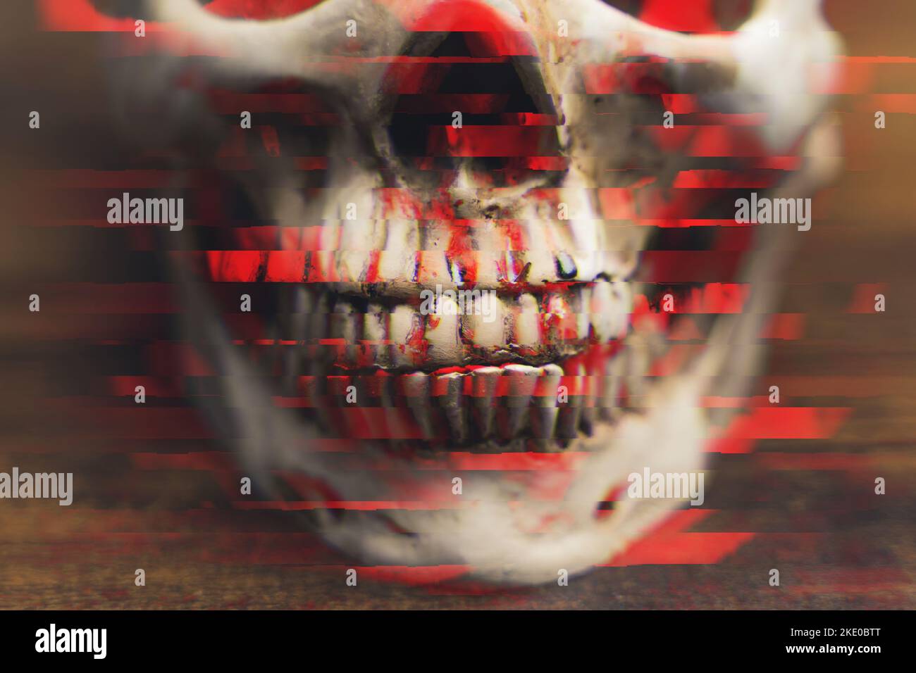 Illustration. Closeup on dirty black teeth and jaw of a human skull covered with chromatic aberration created with red color. Blurred background. High quality 3d illustration Stock Photo