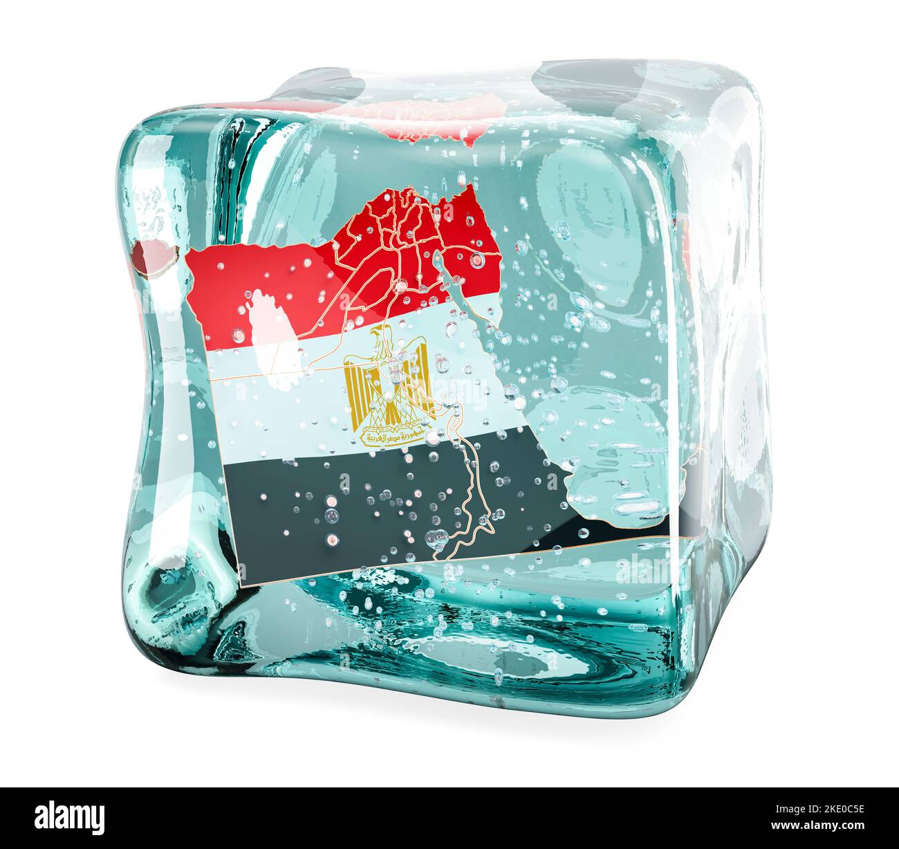 Egyptian map frozen in ice cube, 3D rendering isolated on white