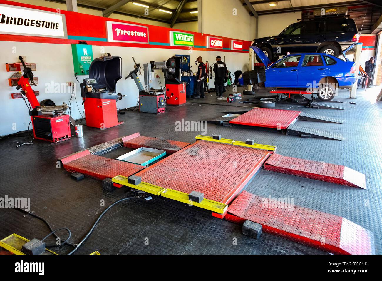 The equipment at a tire repair and wheel alignment service center in