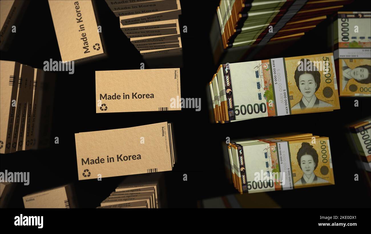Made in Korea box line with Korea Won money bundle stacks. Export