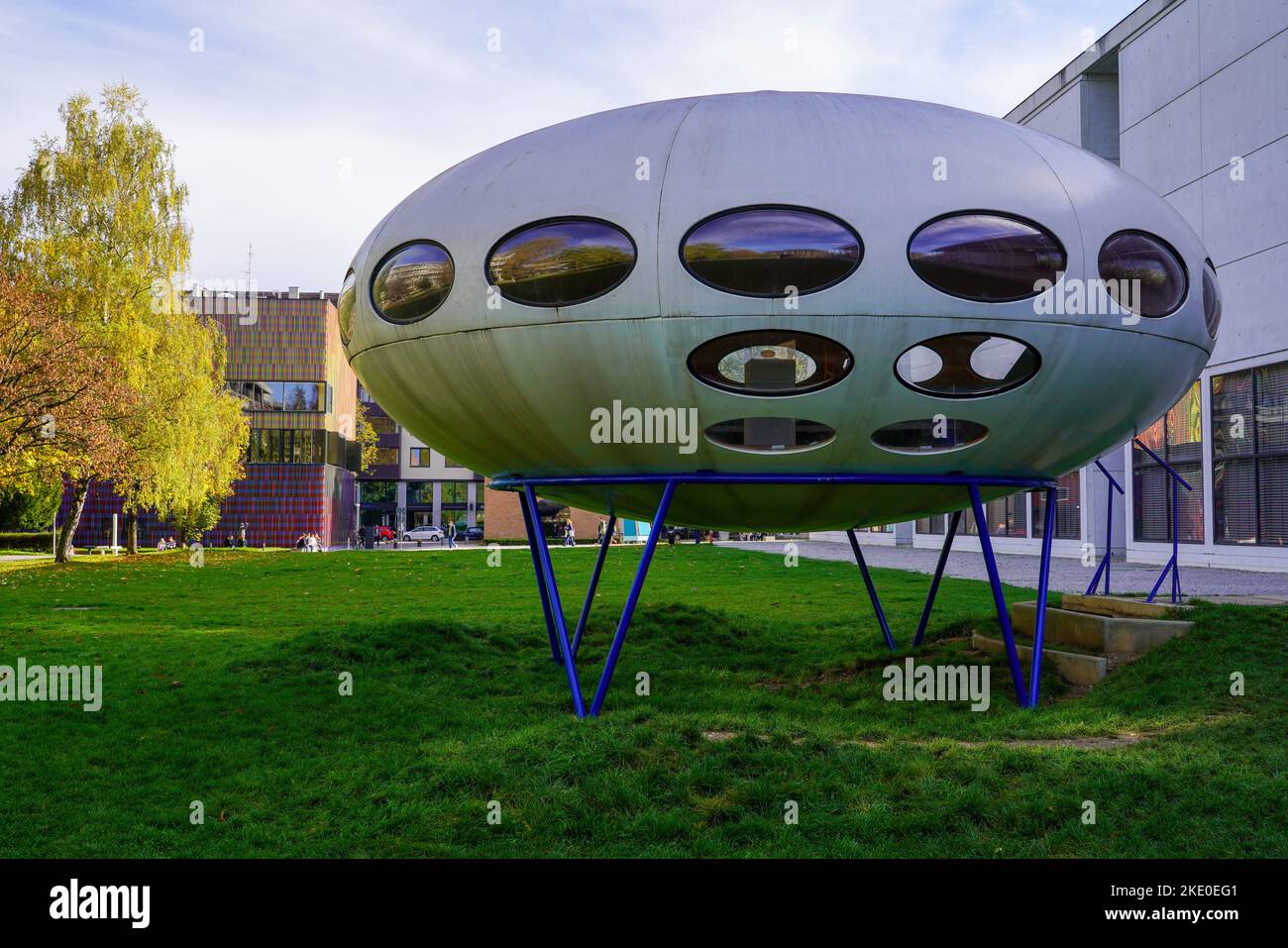 Futuro House by Finnish architect Matti Suuronen in front of the Pinakothek der Moderne. built in 1968, It is reminiscent of a UFO. Stock Photo