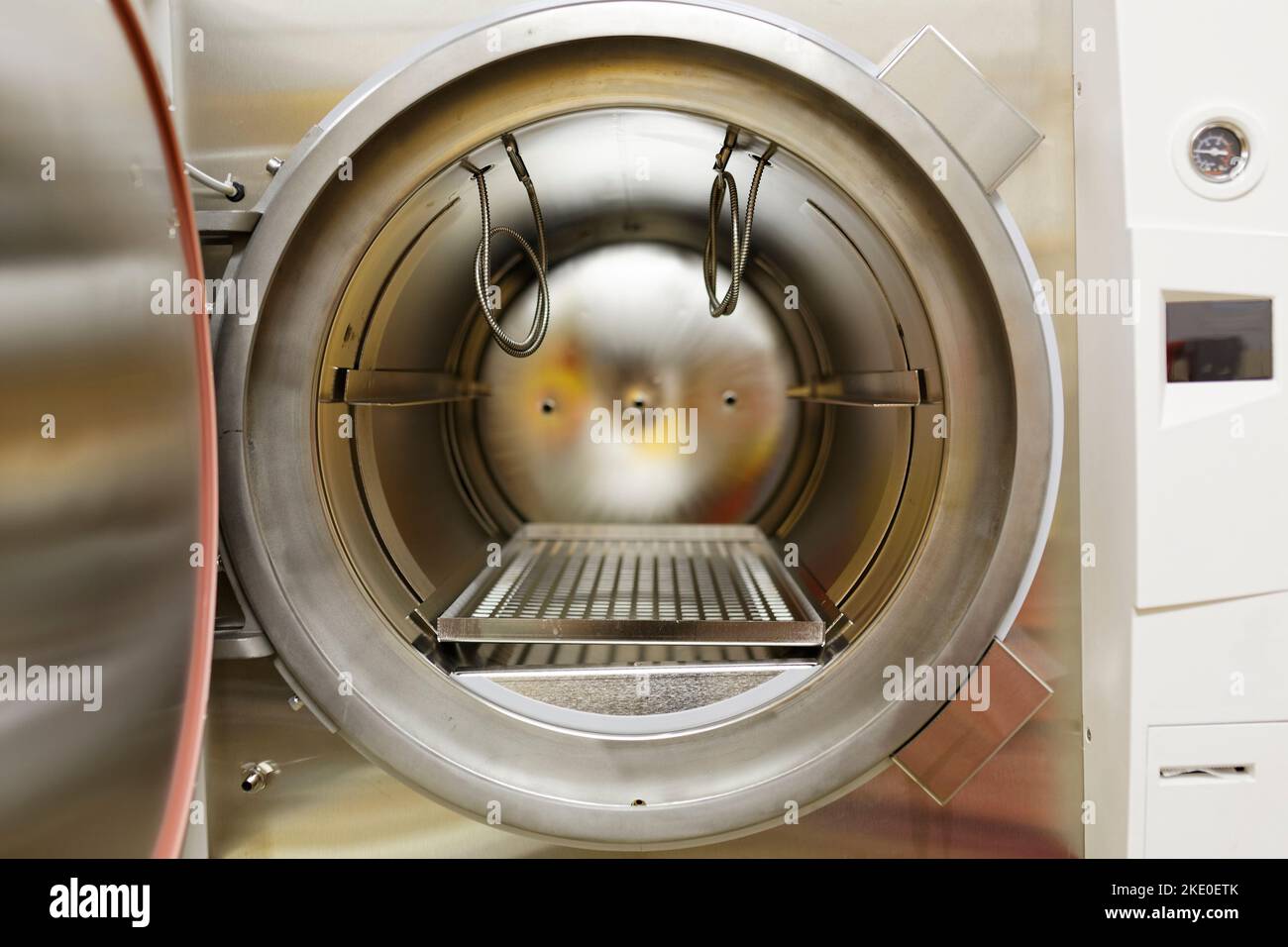 An autoclave chamber used for the sterilization of liquids and solids