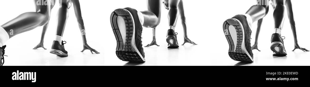 Flyer with runners feet close up. Back view. Black and white shot of