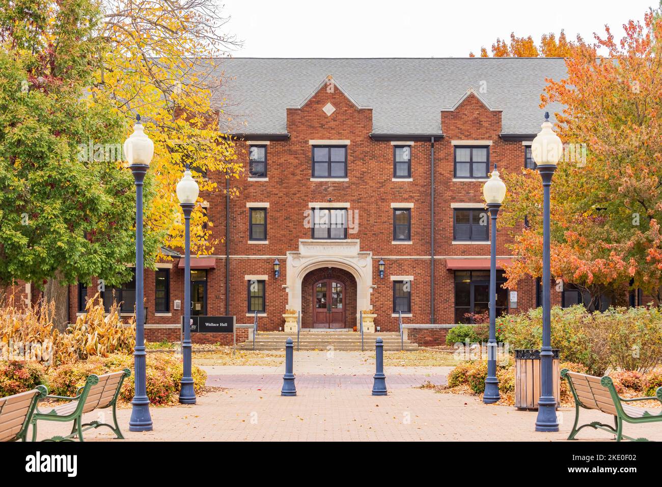 Overcast fall color landscape and Wallace Hall of the Drury University