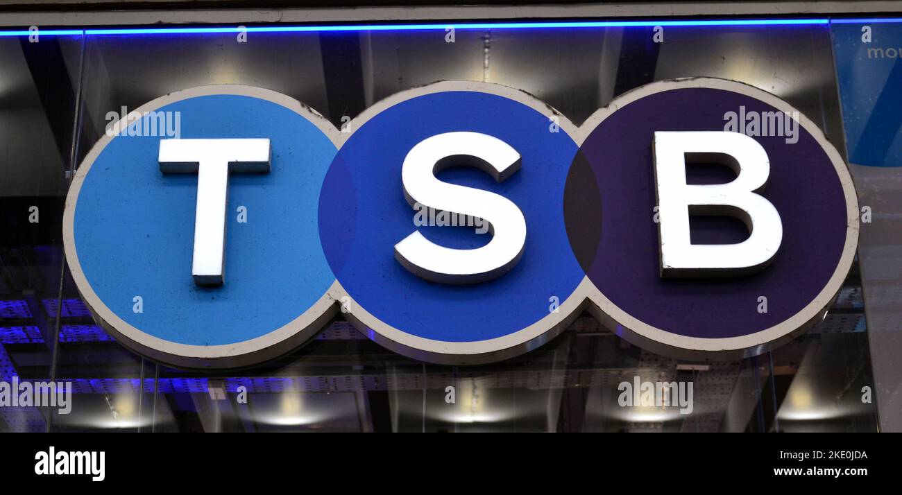 Exterior sign of TSB Bank on Market Street in central Manchester, UK