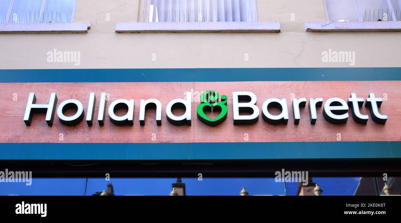 Exterior sign of Holland and Barrett store, Market Street, in central