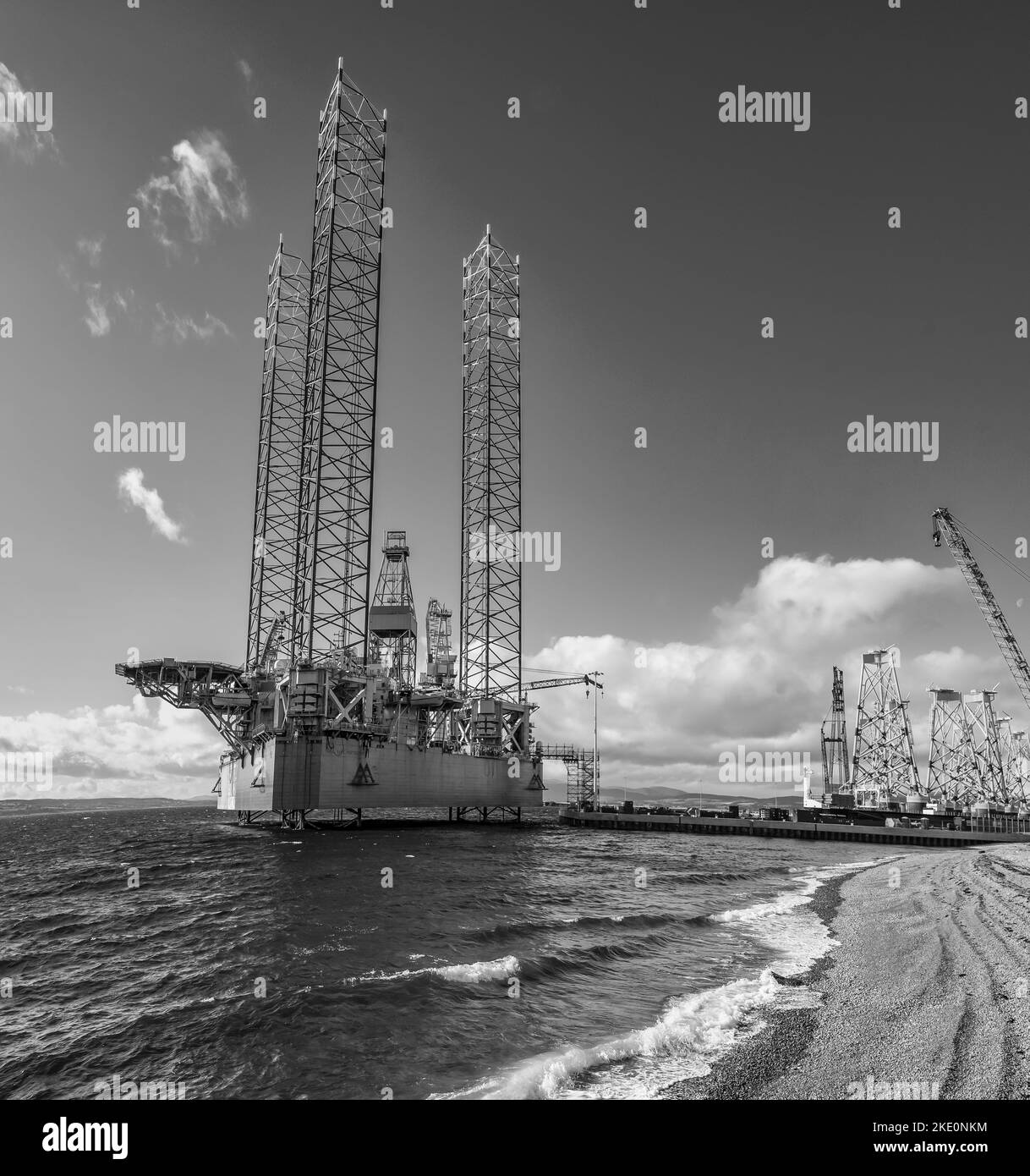 The image is of the gas exploration rig in the repair yard at Nigg Terminal at Nigg on the Nigg Peninsula in Caithness Stock Photo
