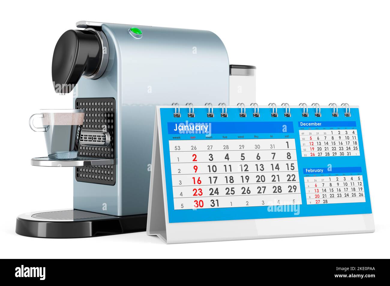 Coffee pod machine with desk calendar, 3D rendering isolated on white ...