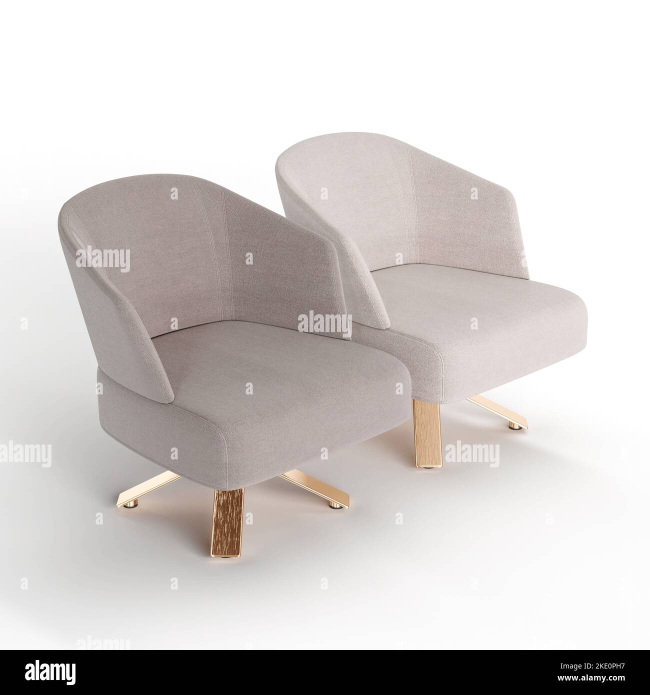 A 3D rendering of two modern armchairs in neutral gray color, isolated
