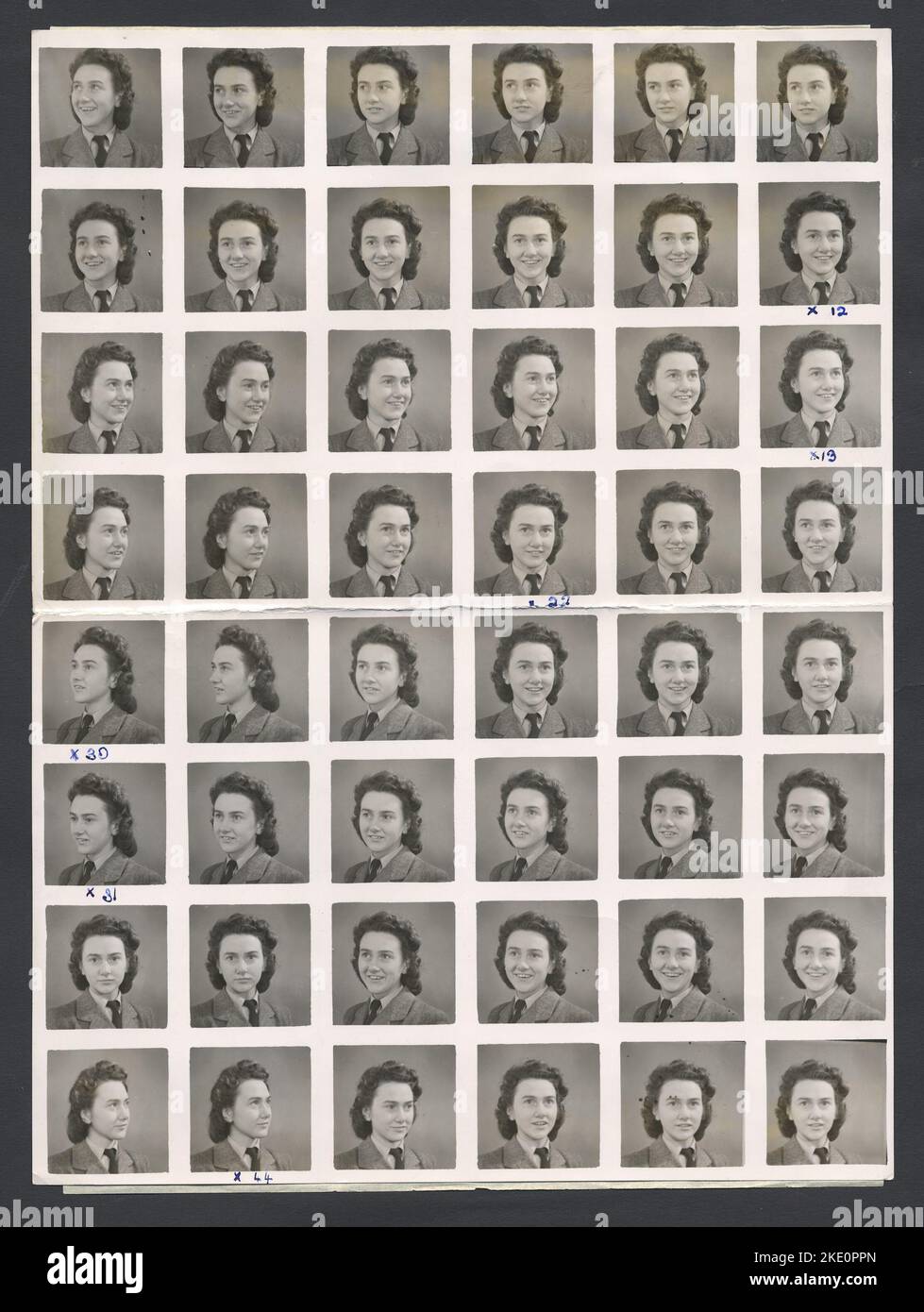 sheet of Polyfoto portraits, with a date of 1946. Woman Dressed in a nice jacket with a shirt and tie, working for a public service occupation where smart dress was required.  Polyfoto sheet of 48 poses.  Polyfoto operated kiosks around Britain and Europe, supplying these proof sheets from which customers chose frames to order as enlargements.   They opened in 1933 and only closed in the late 1960s.  Photographic history. Stock Photo