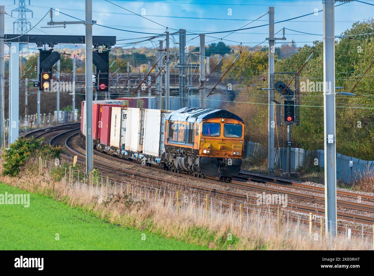 Class 66 diesel electric fright locomotive named Joanee of GBRF hauling freight at Winwick. Stock Photo