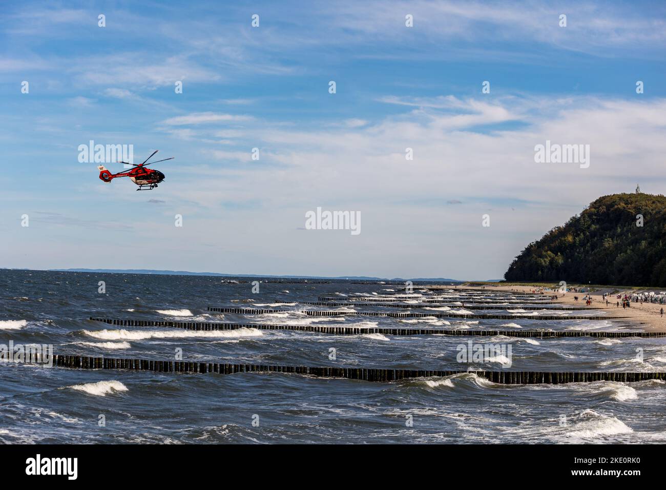Notary helicopter approaching the coast of Usedom Stock Photo