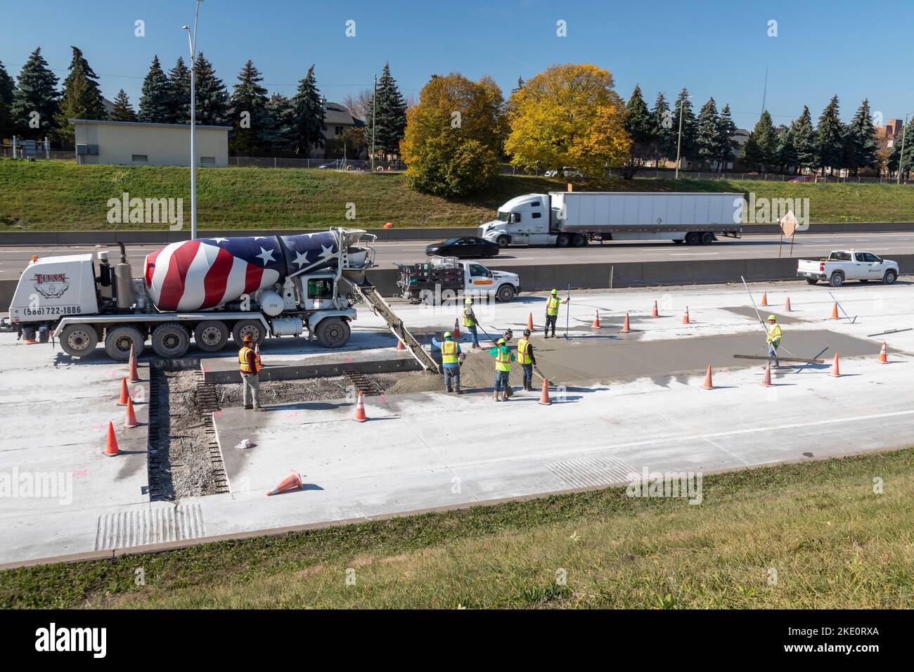 Detroit, Michigan Workers repair and patch the concrete on Interstate