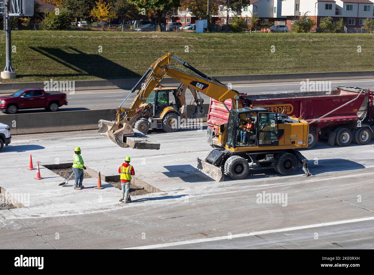 Detroit, Michigan Workers repair and patch the concrete on Interstate