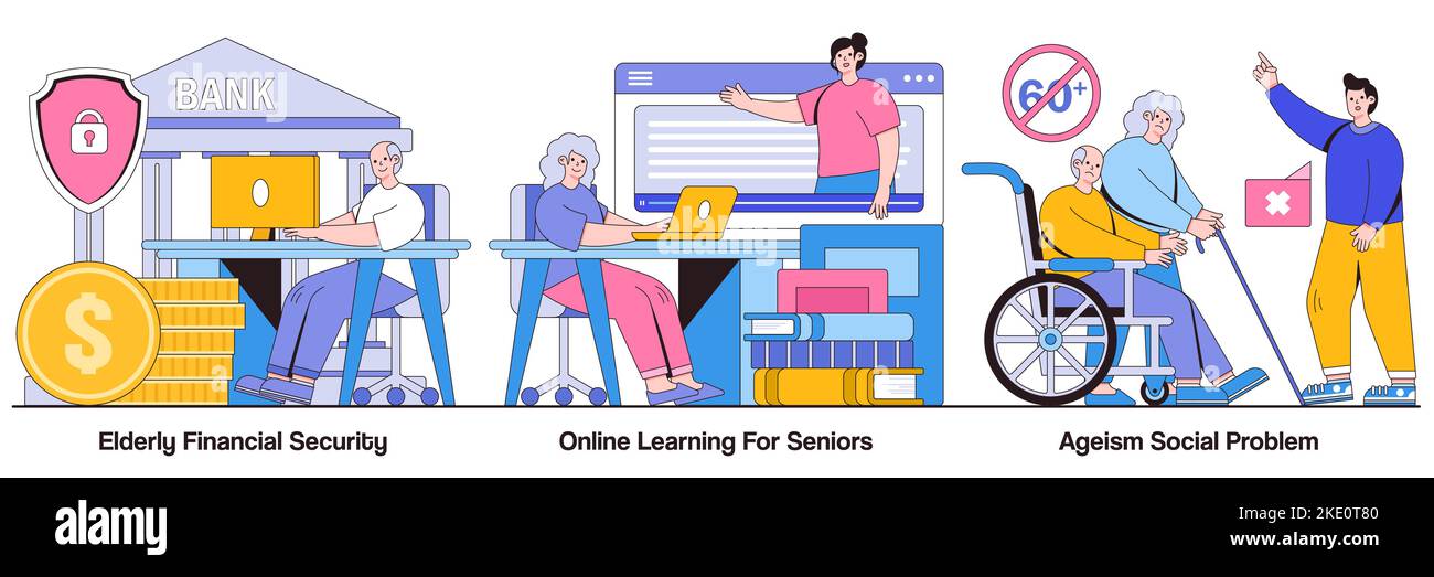 Elderly financial security, online learning for seniors, ageism social problem concept with people characters. Older people lifestyle illustration pac Stock Vector