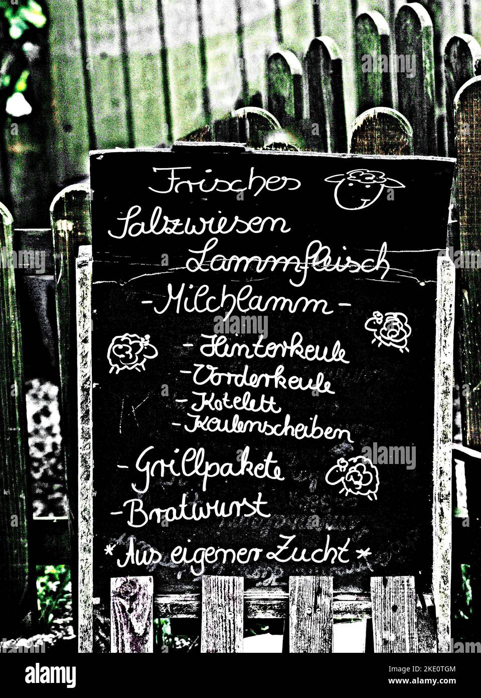 Angebot von einem Imbiss in Eiderstedt; Menu of a snack in Northern Germany Stock Photo