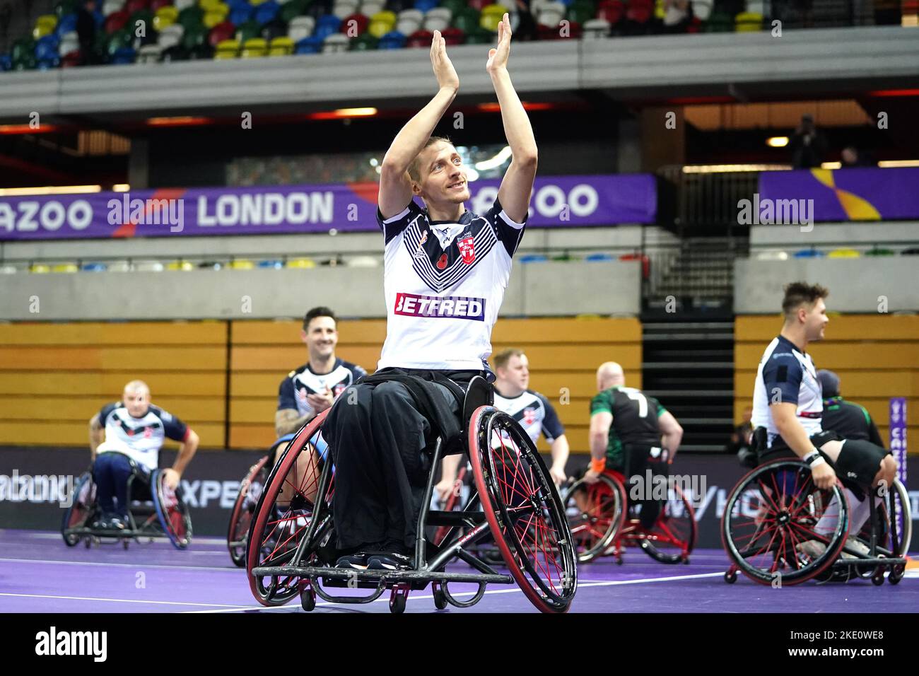 England's Jack Brown applauds fans after the Wheelchair Rugby League