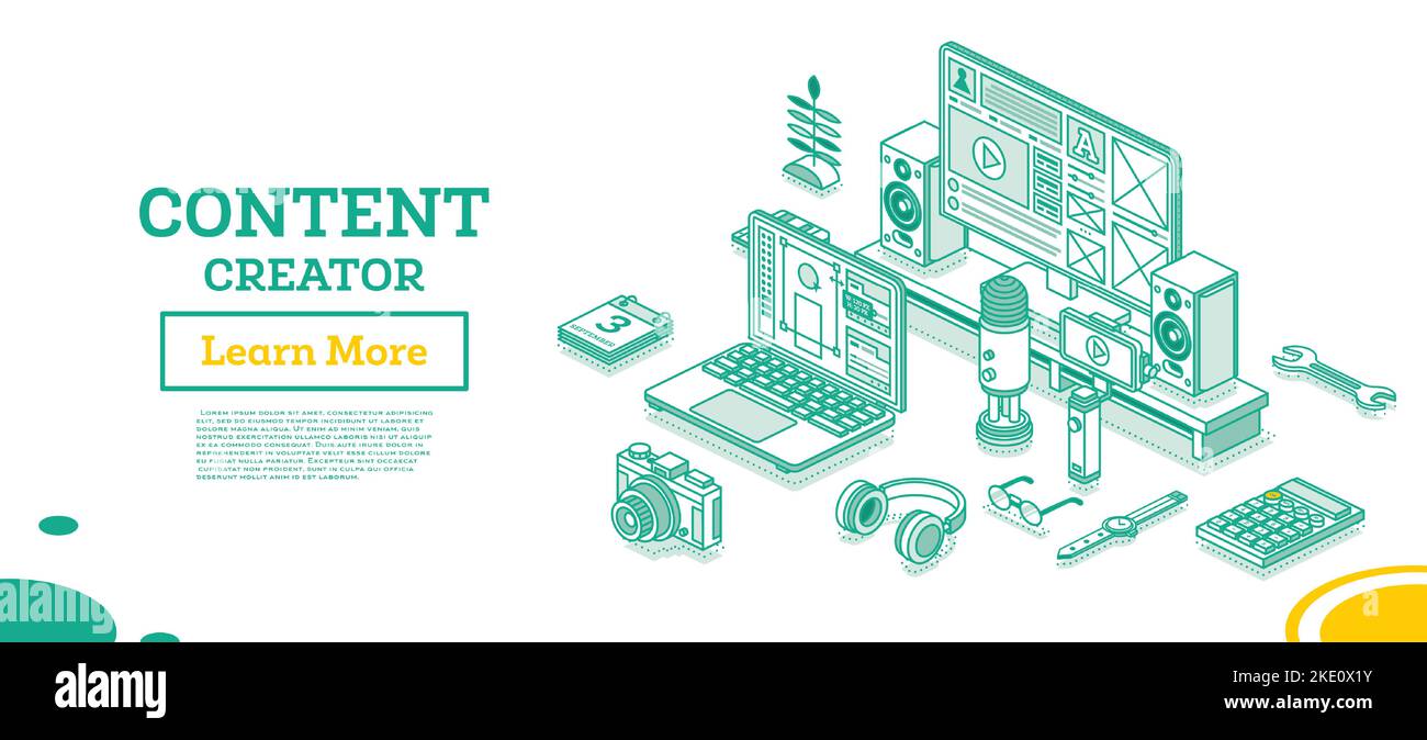Content creator. Isometric Outline Concept. Vector Illustration. Blog Content Strategy. Laptop with Microphone, Gimbal Stabilizer for Smartphone. Stock Vector