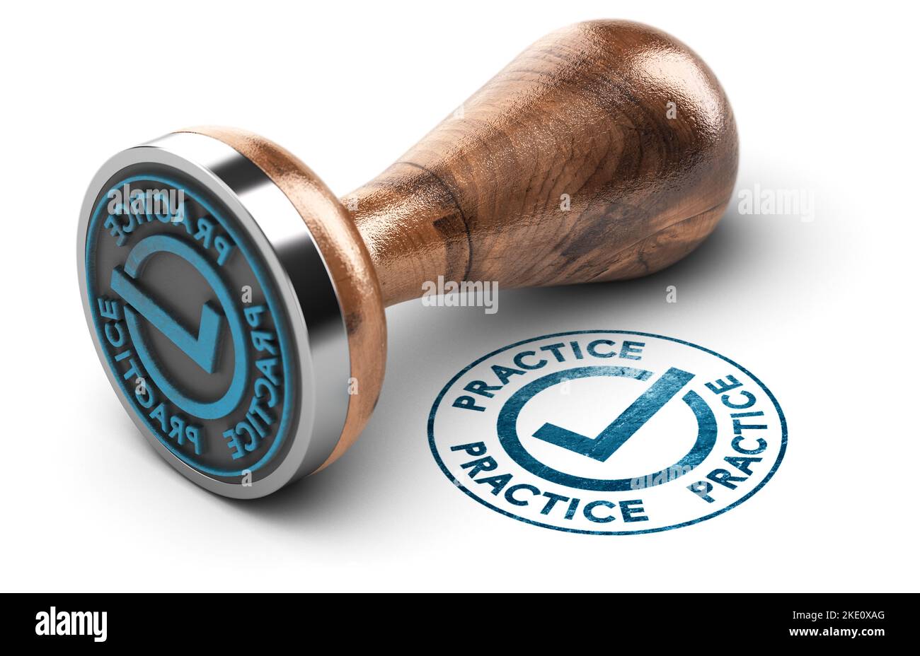 Round rubber stamp with the word practice and a check mark Over White Backfround. 3D illustration. Stock Photo