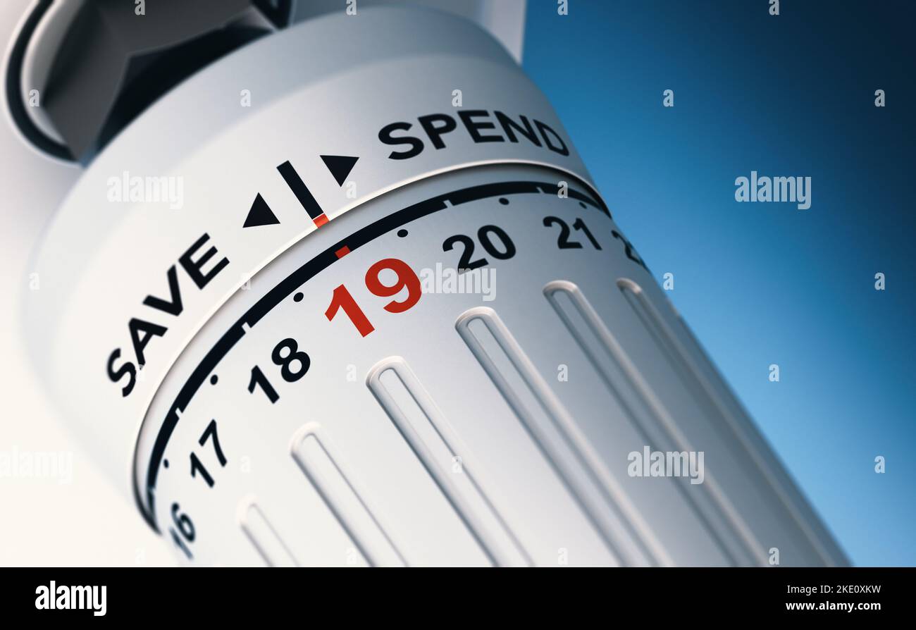 Close up of a thermostat set on 19 degrees with the the words save and spend. Concept of saving or spending money by controlling temperature. 3D illus Stock Photo