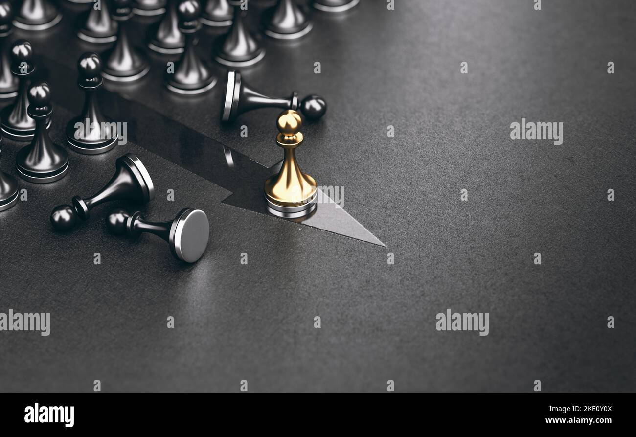 Golden pawn beating competition over black background. Standing out from the crowd. Business strategy, outsider becoming the leader. 3D illustration. Stock Photo
