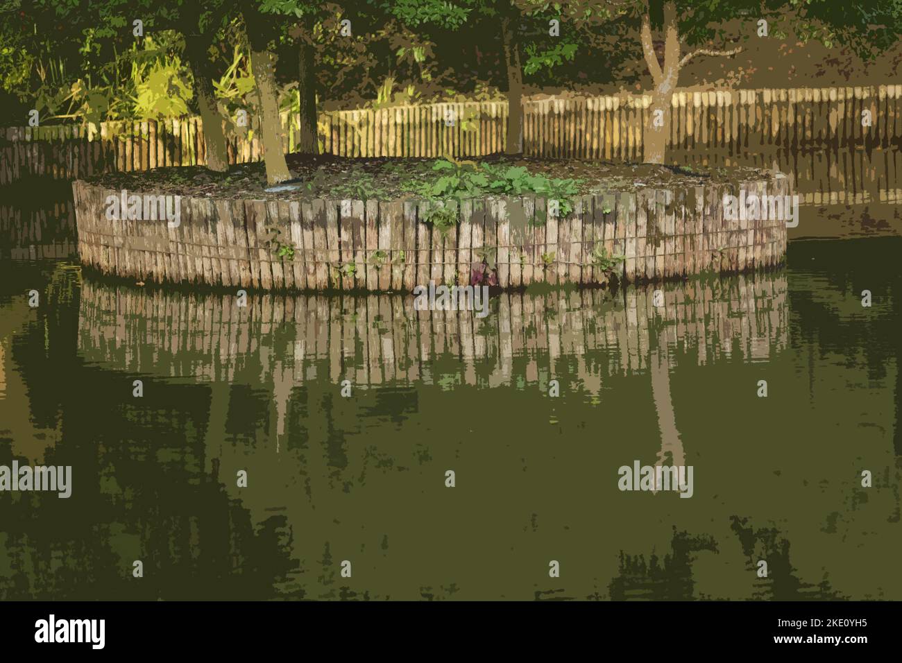 Illustrative view of a round shaped island reflecting in a garden pond. Stock Photo