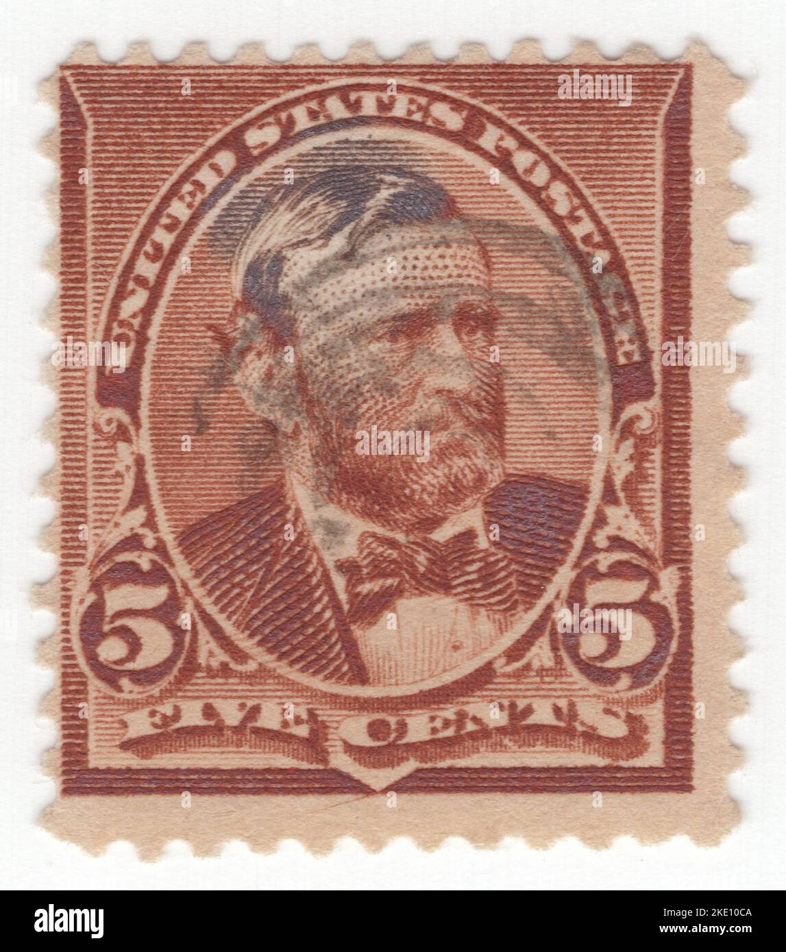 USA - 1890: An 5 cents chocolate postage stamp depicting portrait of Ulysses S. Grant (born Hiram Ulysses Grant), American military officer and politician who served as the 18th president of the United States from 1869 to 1877. As Commanding General, he led the Union Army to victory in the American Civil War in 1865 and thereafter briefly served as Secretary of War. Later, as president, Grant was an effective civil rights executive who signed the bill that created the Justice Department and worked with Radical Republicans to protect African Americans during Reconstruction Stock Photo