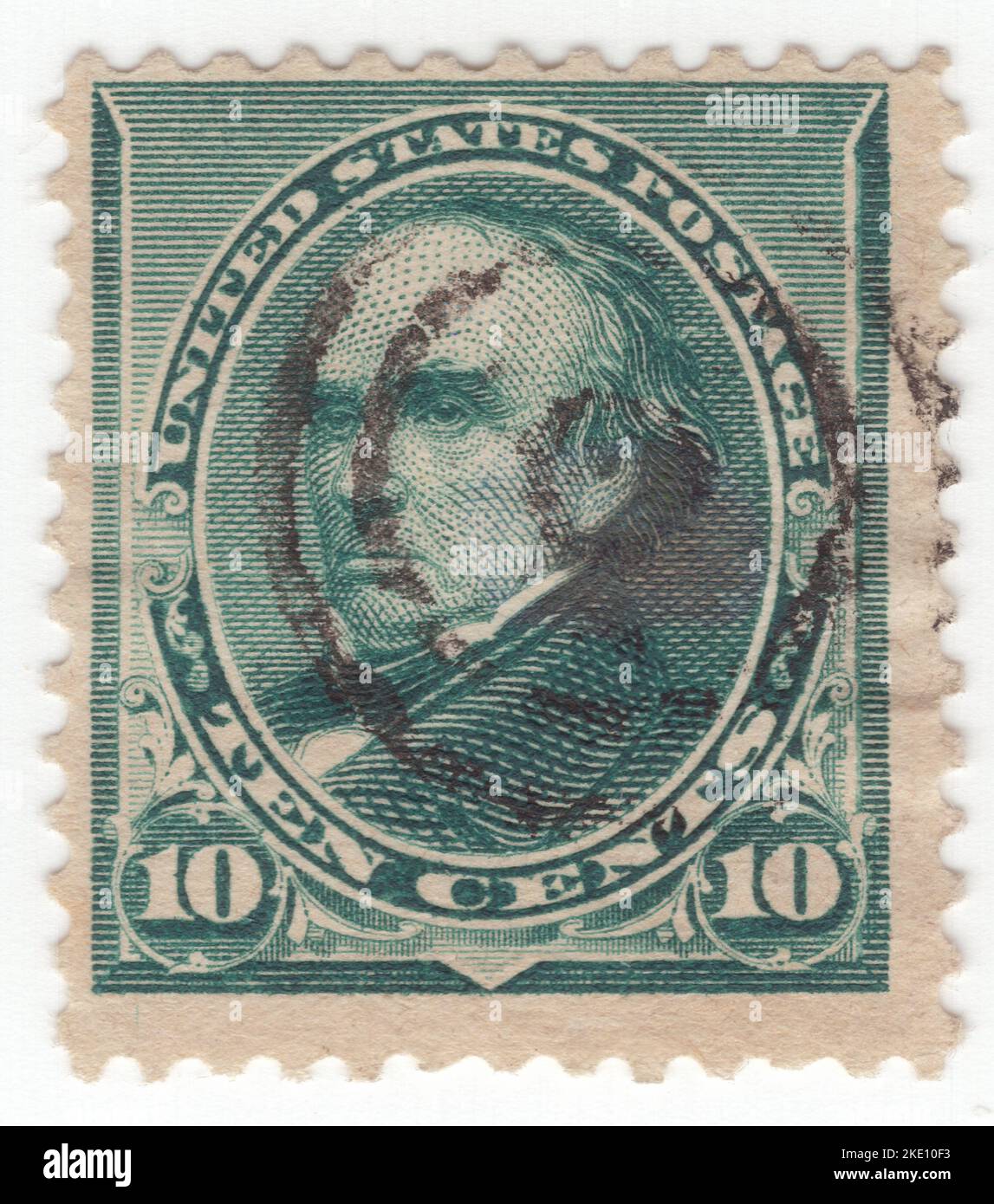 USA - 1890: An 10 cents green postage stamp depicting portrait of Daniel Webster, American lawyer and statesman who represented New Hampshire and Massachusetts in the U.S. Congress and served as the U.S. Secretary of State under Presidents William Henry Harrison, John Tyler, and Millard Fillmore. Webster was one of the most prominent American lawyers of the 19th century, and argued over 200 cases before the U.S. Supreme Court between 1814 and his death in 1852. During his life, he was a member of the Federalist Party, the National Republican Party, and the Whig Party Stock Photo