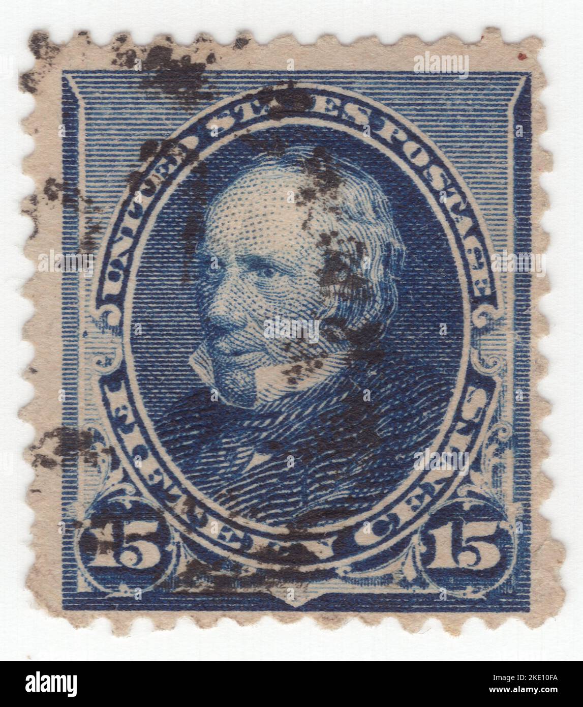 USA - 1890: An 15 cents indigo postage stamp depicting portrait of Henry Clay Sr. American attorney and statesman who represented Kentucky in both the U.S. Senate and House of Representatives. He was the seventh House speaker as well as the ninth secretary of state, also receiving electoral votes for president in the 1824, 1832, and 1844 presidential elections. He helped found both the National Republican Party and the Whig Party. For his role in defusing sectional crises, he earned the appellation of the 'Great Compromiser' and was part of the 'Great Triumvirate' of Congressmen Stock Photo