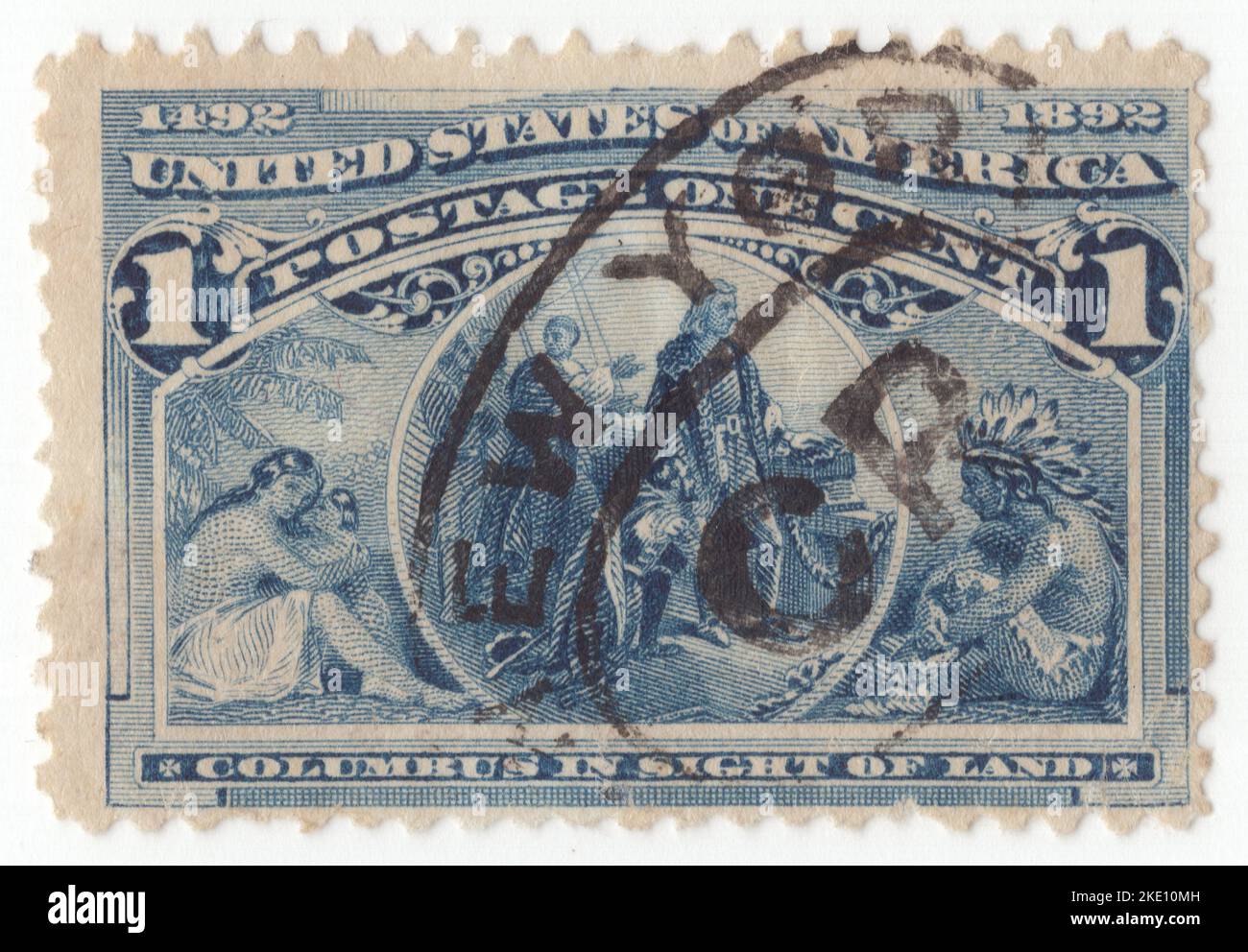 USA - 1893: An 1 cent deep blue postage stamp depicting scene Columbus in Sight of Land, Columbian Issue. The World Columbian Exposition of 1893 commemorated the 400th anniversary of the landing of Christopher Columbus in the Americas. The stamps were interesting and attractive, designed to appeal to not only postage stamps collectors but to historians, artists and of course the general public who bought them in record numbers because of the fanfare of the Columbian Exposition of the World's Fair of 1892 in Chicago, Illinois Stock Photo