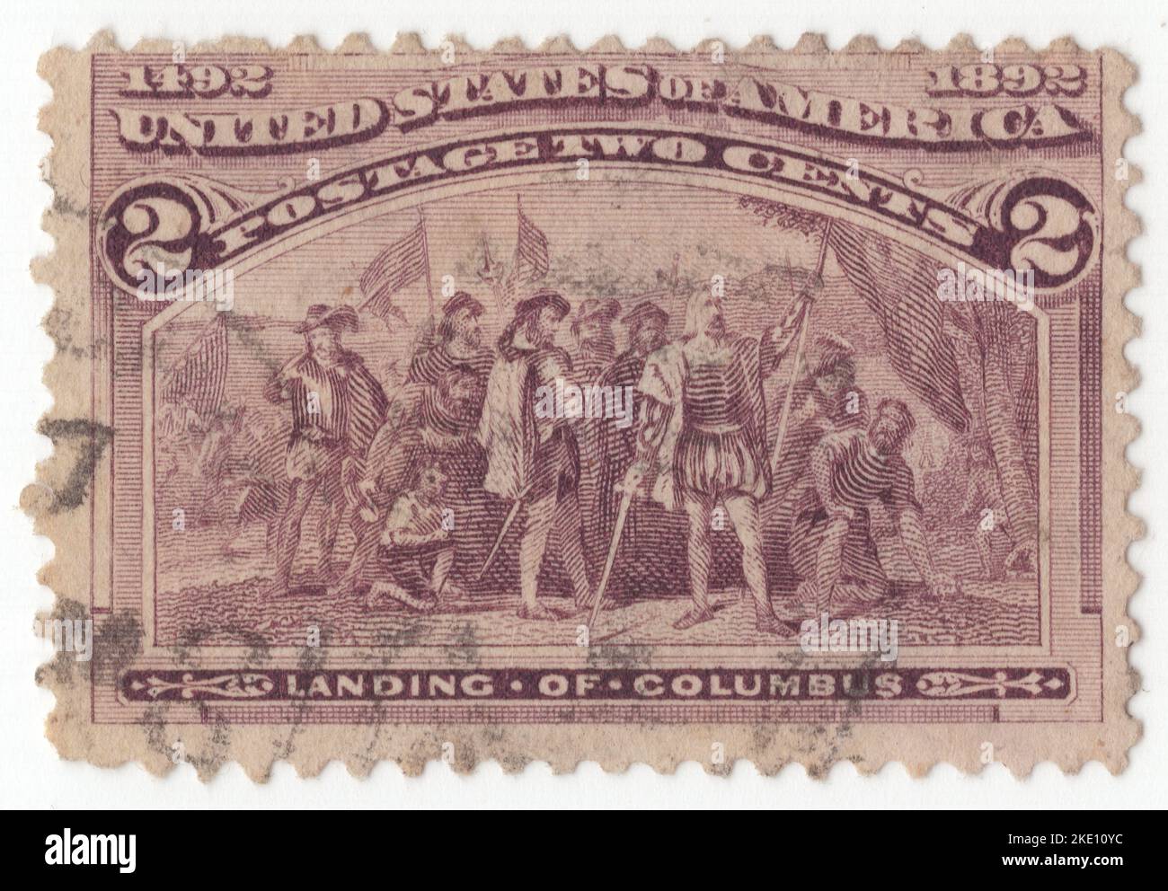 USA - 1893: An 2 cents brown-violet postage stamp depicting scene Landing of Columbus, Columbian Issue. The World Columbian Exposition of 1893 commemorated the 400th anniversary of the landing of Christopher Columbus in the Americas. The stamps were interesting and attractive, designed to appeal to not only postage stamps collectors but to historians, artists and of course the general public who bought them in record numbers because of the fanfare of the Columbian Exposition of the World's Fair of 1892 in Chicago, Illinois Stock Photo