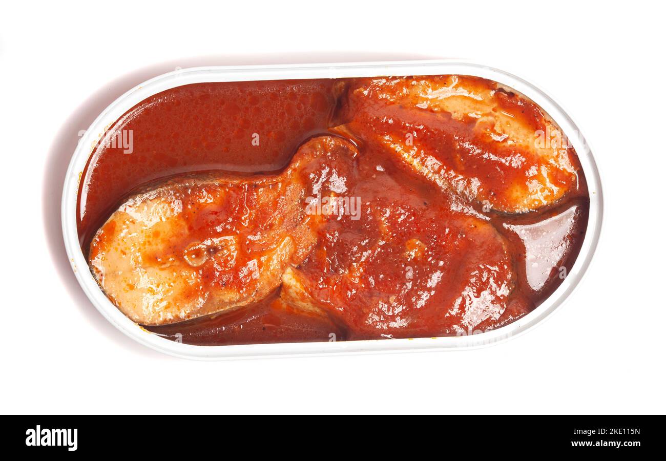 Salmon in tomato sauce in Tin Can Isolated on White Background, top