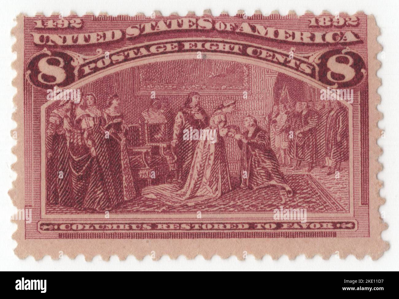 USA - 1893: An 8 cents magenta postage stamp depicting scene Columbus Restored to Favor, Columbian Issue. The World Columbian Exposition of 1893 commemorated the 400th anniversary of the landing of Christopher Columbus in the Americas. The stamps were interesting and attractive, designed to appeal to not only postage stamps collectors but to historians, artists and of course the general public who bought them in record numbers because of the fanfare of the Columbian Exposition of the World's Fair of 1892 in Chicago, Illinois Stock Photo