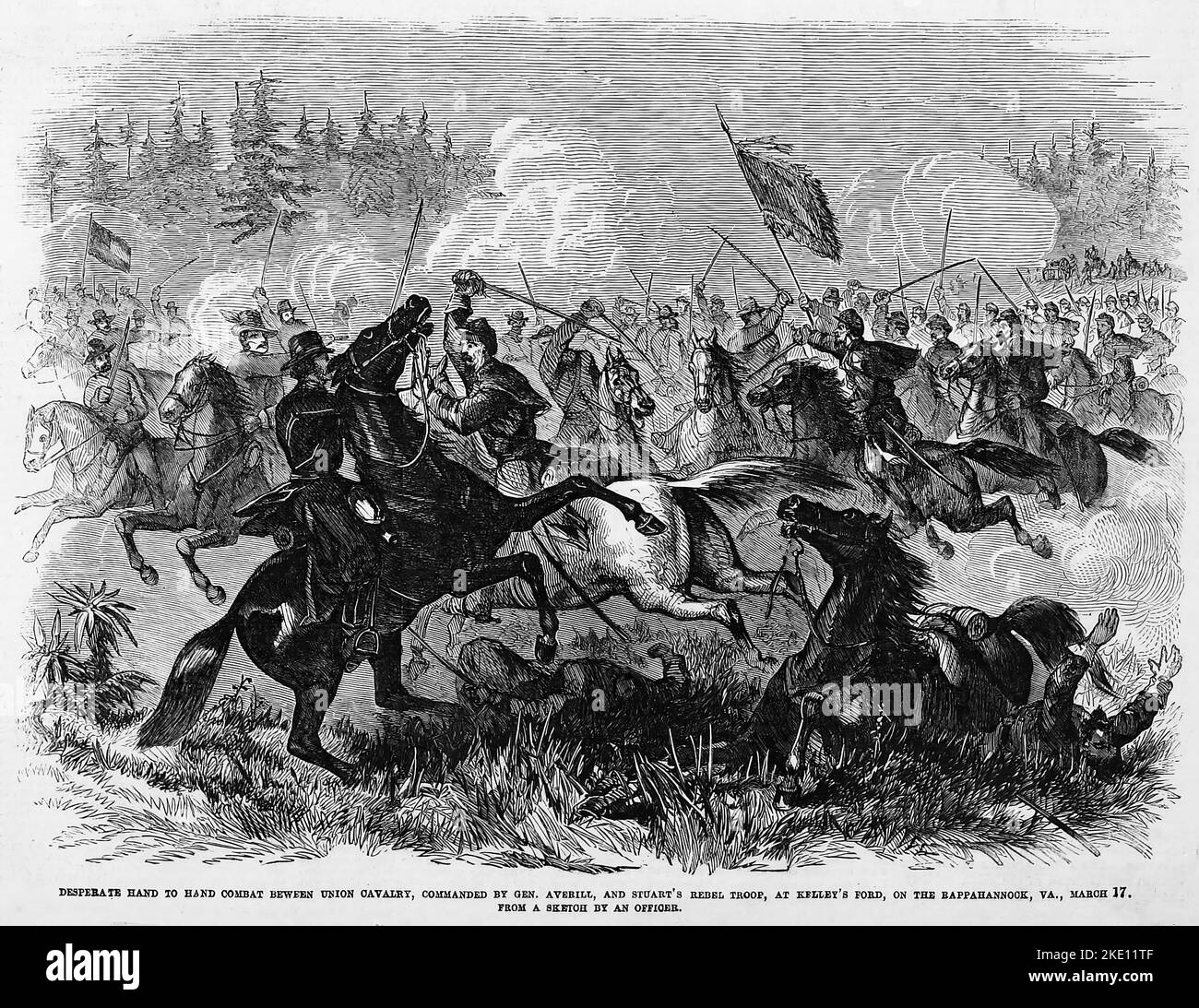 Desperate hand to hand combat between Union cavalry, commanded by General William Woods Averell, and J. E. B. Stuart's Rebel troop, at Kelley's Ford, on the Rappahannock, Virginia, March 17th, 1863. 19th century American Civil War illustration from Frank Leslie's Illustrated Newspaper Stock Photo