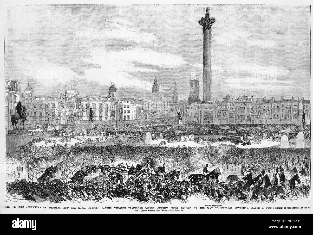 The Princess Alexandra of Denmark and the Royal cortege passing through Trafalgar Square, Charing Cross, London, England, on the way to Windsor, Saturday, March 7th, 1863. Wedding of Albert Edward, Prince of Wales, and Princess Alexandra of Denmark. 19th century illustration from Frank Leslie's Illustrated Newspaper Stock Photo