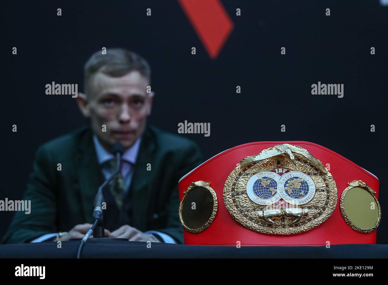 Sheffield, UK. 09th Nov, 2022. The IBF Flyweight Title Belt is seen during the Sunny Edwards v Felix Alvarado press conference at Meadowhall, Sheffield, United Kingdom, 9th November 2022 (Photo by Gareth Evans/News Images) in Sheffield, United Kingdom on 11/9/2022. (Photo by Gareth Evans/News Images/Sipa USA) Credit: Sipa USA/Alamy Live News Stock Photo