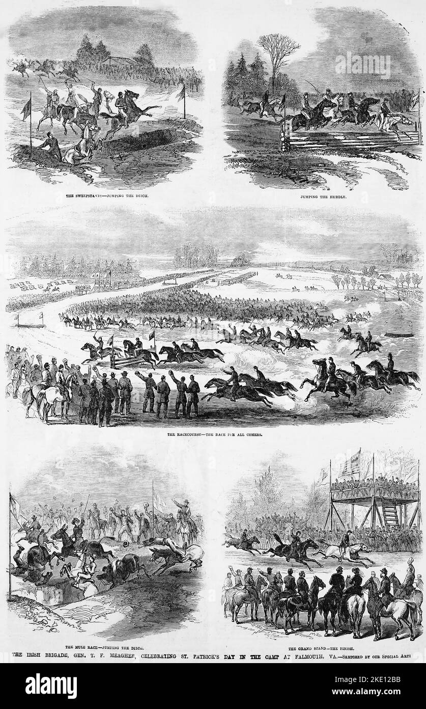 The Irish Brigade, General Thomas Francis Meagher, celebrating St. Patrick's Day in the camp at Falmouth, Virginia. March 1863. 19th century American Civil War illustration from Frank Leslie's Illustrated Newspaper Stock Photo