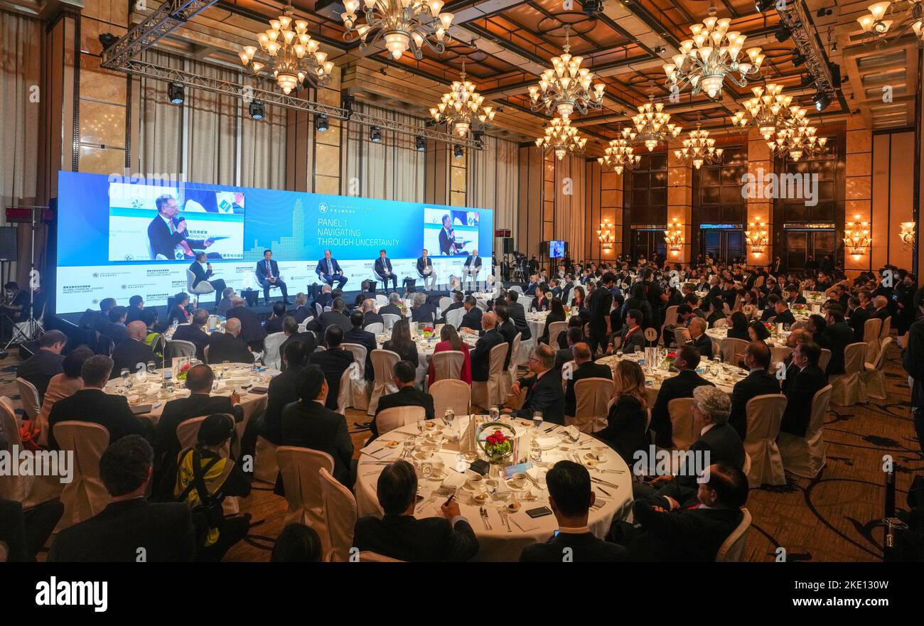 (L-R) Eddie Yue, Chief Executive of the Hong Kong Monetary Authority; Michael Chae, Chief Financial Officer and Senior Managing Director of Blackstone; James Gorman, Chairman and Chief Executive Officer of Morgan Stanley; Colm Kelleher, Chairman of UBS Group AG; Liu Jin, President of Bank of China; and David Solomon, Chairman and Chief Executive Officer of Goldman Sachs, attend Global Financial Leaders' Investment Summit at Four Seasons Hotel in Central.02NOV22   SCMP / Sam Tsang Stock Photo