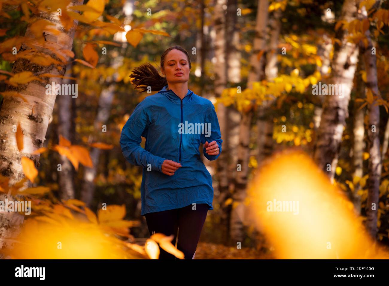 A woman  running on a trail in a forest of yellow leaves Stock Photo