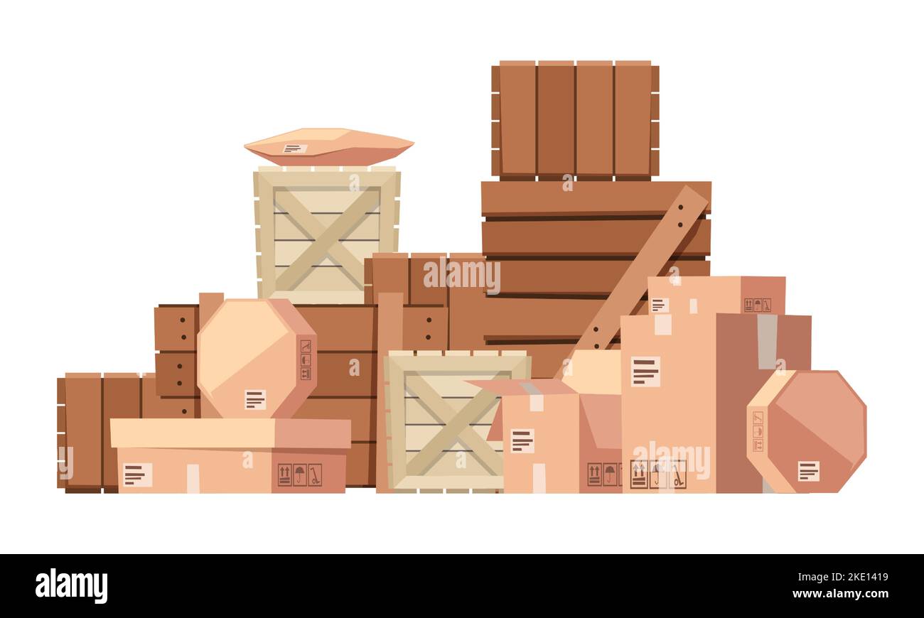 Stacked wooden boxes. Pile storage of sealed cardboard containers and crates cartoon style, logistic transportation service concept. Vector illustration of storage cargo package Stock Vector
