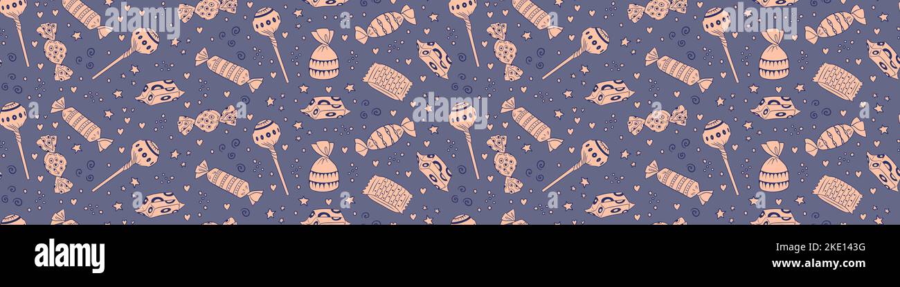 Sweet doodles seamless pattern. Hand drawn candies on blue background ...
