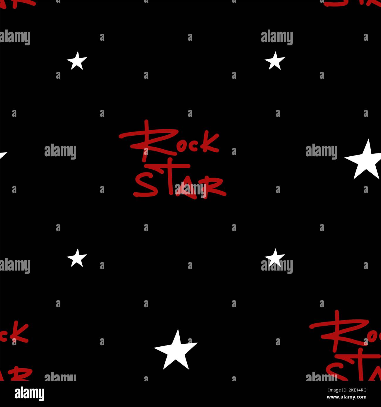 Seamless black pattern with red lettering Rock Star and an illustration of white stars. Graffiti. Stock Vector