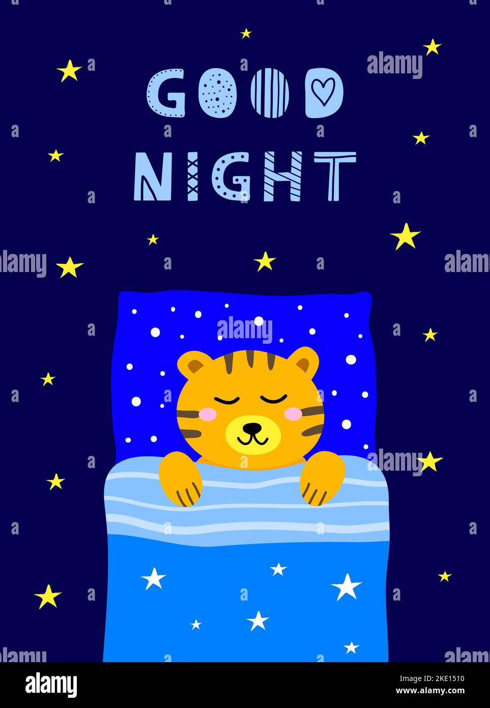 Poster with scandinavian lettering and doodle sleeping tiger in bed