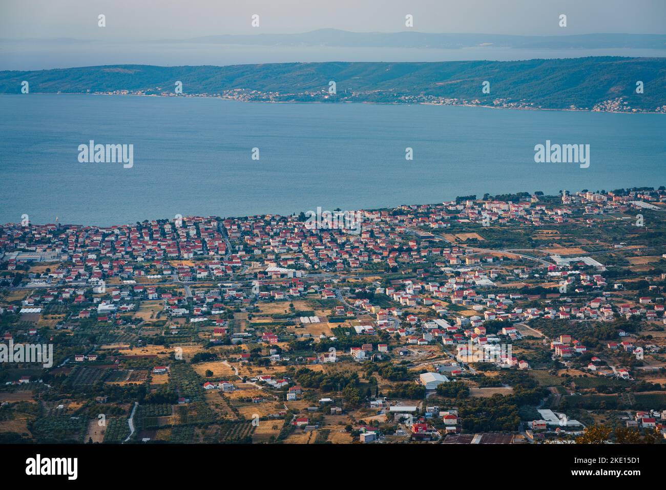 An aerial shot of the city of Split facing the Adriatic Sea in Dalmatia ...