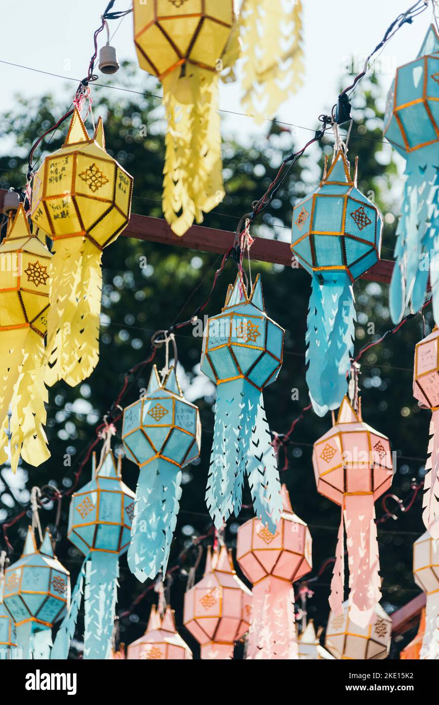 Colorful paper lanterns decoration hanging in Loy Krathong festival