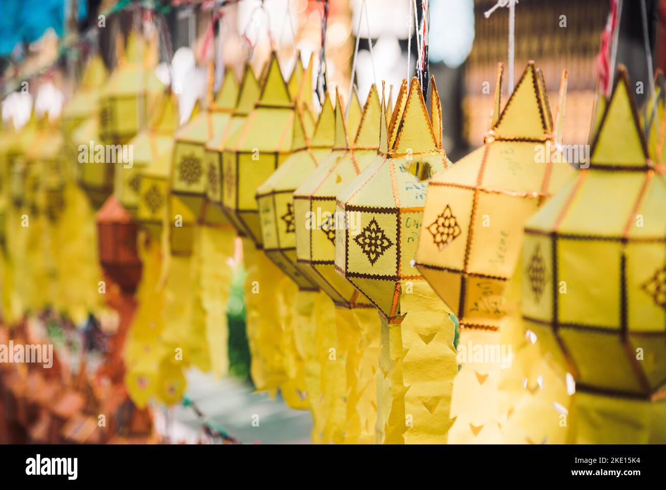 Yellow paper lantern hanging in the temple Stock Photo