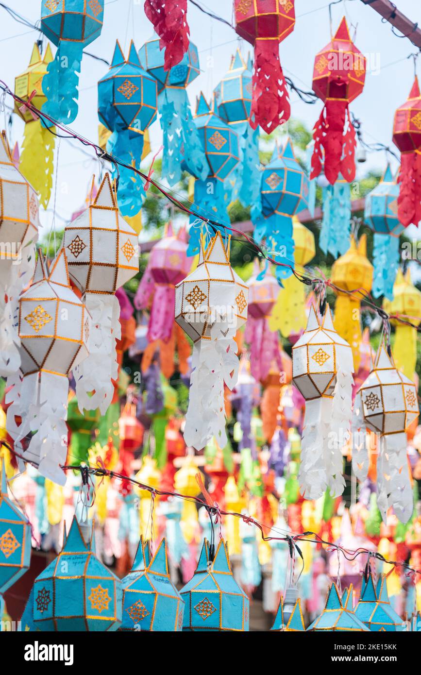 Colorful paper lantern hanging decorated in Loy Krathong festival Stock Photo