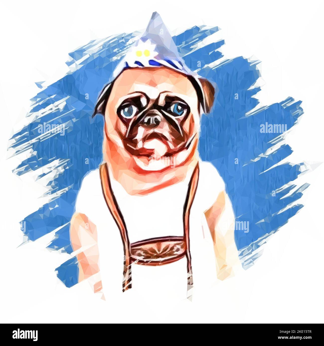 Pug dog puppy with Bavarian clothing. Leather pants and white shirt. Mascot for Oktoberfest. Vector illustration in low poly style. Stock Vector